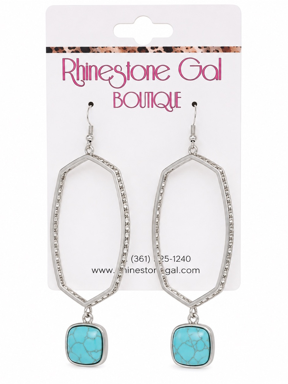 BRAND NEW WITH TAGS Silver Rhinestone Hexagon Drop Earrings with Turquoise Stone